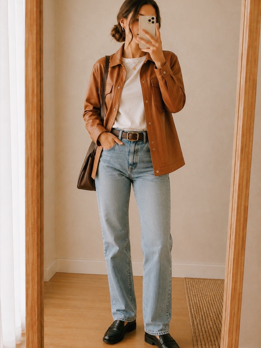 Vintage 90s Brown Faux Leather Overshirt Jacket Cognac Women’s L